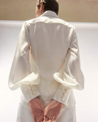 Long Sleeve Silk Blouse with Pearl Cuff Buttons and Tailored Fit