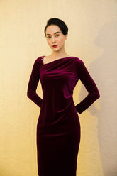 Velvet bodycon dress with asymmetric neckline and pearl shoulder detail for elegant styling