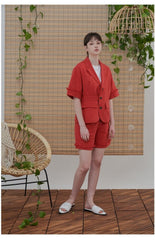 Tailored Linen Blazer with Frayed Cuff Detail and Belted Waist