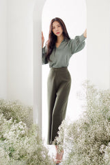 Soft Silk Blouse with V-Neck and Buttoned Cuffs