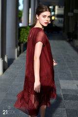 Sheer Organza Dress with Ruffled Hem – Flowy Midi Silhouette for Elegant Occasion Wear