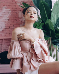 Off-Shoulder Silk Blouse with Draped Bodice and Voluminous Puff Sleeves