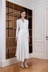 Dena Long Sleeve V Neck Asymmetrical Midi Dress