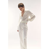 Long Sleeve Silk Blouse with Pearl Cuff Buttons and Tailored Fit