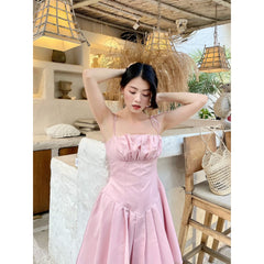 Silk mini dress with ruched bodice, flared pleated skirt and adjustable tie straps