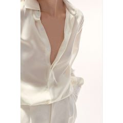 Long Sleeve Silk Blouse with Pearl Cuff Buttons and Tailored Fit