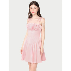 Silk mini dress with ruched bodice, flared pleated skirt and adjustable tie straps