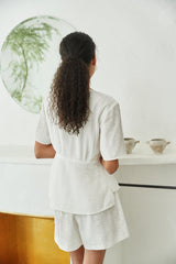 Structured Linen Button-Down Short Sleeve Top