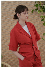Tailored Linen Blazer with Frayed Cuff Detail and Belted Waist