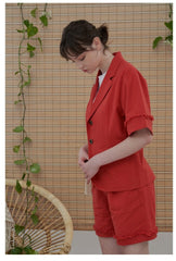 Tailored Linen Blazer with Frayed Cuff Detail and Belted Waist