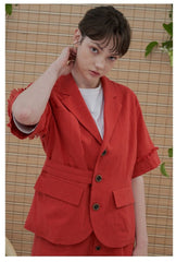 Tailored Linen Blazer with Frayed Cuff Detail and Belted Waist