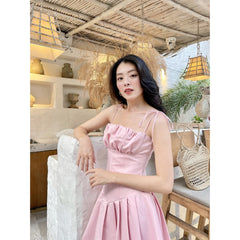 Silk mini dress with ruched bodice, flared pleated skirt and adjustable tie straps