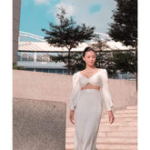 Silk Draped Crop Blouse with Open Back and Balloon Sleeves for Elegant Evening Looks