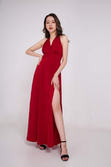 Robe longue en soie dos nu avec fente jusqu'aux cuisses et détail taille ajustée