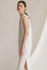 Sleeveless Deep V-Neck Linen Midi Dress with Side Slits