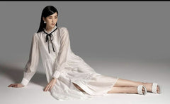 Tiered Organza Midi Dress with Sheer Long Sleeves and Contrast Neck Tie Detail