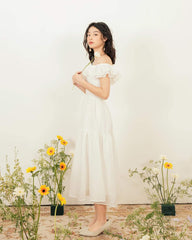 Organza off-shoulder midi dress with tiered hem and ruffle neckline for romantic summer style