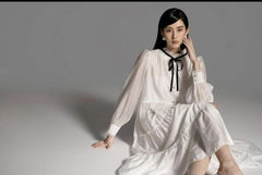 Tiered Organza Midi Dress with Sheer Long Sleeves and Contrast Neck Tie Detail