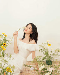 Organza off-shoulder midi dress with tiered hem and ruffle neckline for romantic summer style