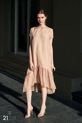 Silk A-Line Dress with Sheer Hem Panel