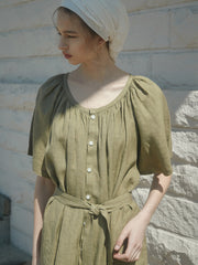 Soft Pleated Button-Front Linen Dress with Waist Tie