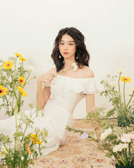 Organza off-shoulder midi dress with tiered hem and ruffle neckline for romantic summer style