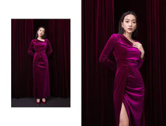Velvet long-sleeve gown with draped neckline and cinched waist in floor-length silhouette
