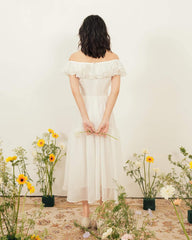 Organza off-shoulder midi dress with tiered hem and ruffle neckline for romantic summer style