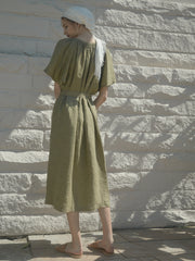 Soft Pleated Button-Front Linen Dress with Waist Tie