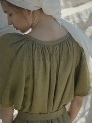 Soft Pleated Button-Front Linen Dress with Waist Tie