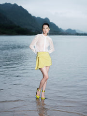 High-Waisted Mini Skirt in Structured Twill with Draped Side Detail