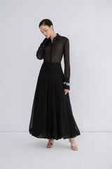 Flared High-Waisted Semi-Sheer Linen Skirt With Flowing Full-Length Silhouette