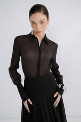 Flared High-Waisted Semi-Sheer Linen Skirt With Flowing Full-Length Silhouette