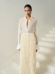 Sheer blouse with oversized cuffs and pointed collar for elevated styling