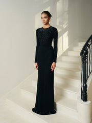 Full-length embellished evening dress with long sleeves and fitted silhouette
