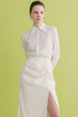 High-Waisted Satin Skirt with Draped Side Detail and Front Slit for Evening Wear