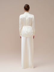 Pointed Collar Satin Shirt with Waist Tie and Hidden Button Front Detailing