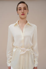 Pointed Collar Satin Shirt with Waist Tie and Hidden Button Front Detailing