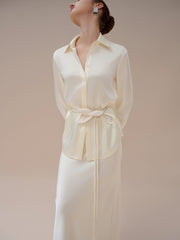 Pointed Collar Satin Shirt with Waist Tie and Hidden Button Front Detailing