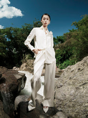 Pointed Collar Satin Shirt with Waist Tie and Hidden Button Front Detailing