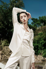 Pointed Collar Satin Shirt with Waist Tie and Hidden Button Front Detailing