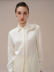 Pointed Collar Satin Shirt with Waist Tie and Hidden Button Front Detailing