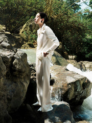 Pointed Collar Satin Shirt with Waist Tie and Hidden Button Front Detailing