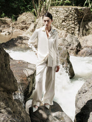 Pointed Collar Satin Shirt with Waist Tie and Hidden Button Front Detailing