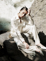 Pointed Collar Satin Shirt with Waist Tie and Hidden Button Front Detailing