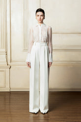 High-Waisted Wide Leg Trousers With Front Pleats And Elongated Floor-Length Hem