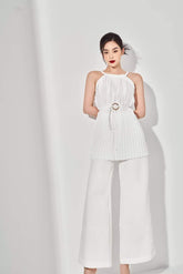 Pleated halter silk top with flowy silhouette and gathered waist detail