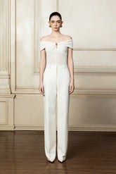 Off-Shoulder Stretch Crepe Top With Sculpted Sweetheart Neckline and Gold Ring Detail