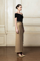 Off Shoulder Knit Top with Draped Bodice and Statement Twist Detail at Bust