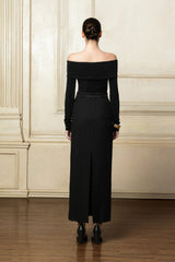 Off-Shoulder Knit Top with Long Sleeves and Folded Neckline in Viscose Blend